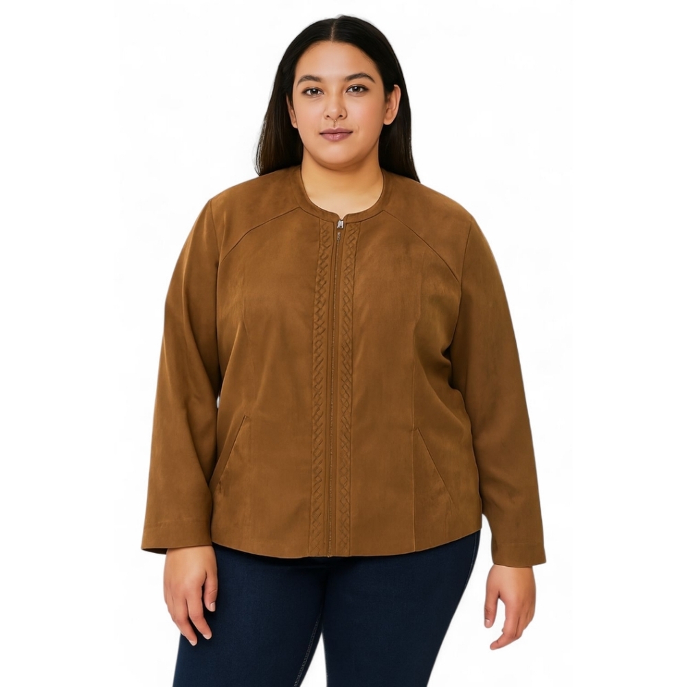 Tan Jay Braided Office City Preppy Cowgirl Faux Brown Suede Jacket - Women's